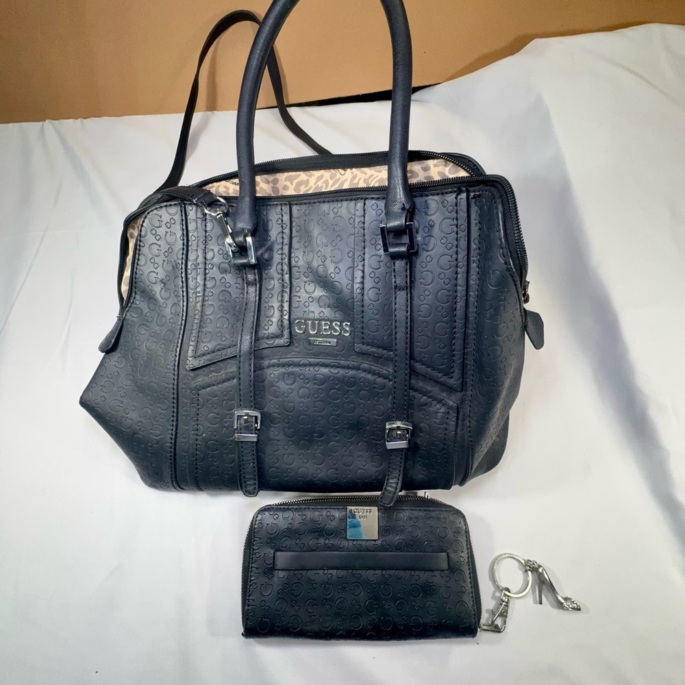 Guess Black Logo Satchel Bag with Matching Wallet Set Womens Shoulder Handbag